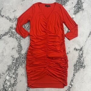 11 Honore Red Ruched Bodycon Dress Womens Size 3 22 Midi Stretch Cocktail